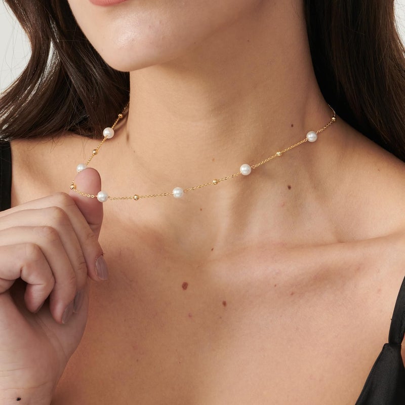 PRTGL Store Pearl Necklace: 14K Gold-Plated/White Gold-plated Pearl Necklace for Women 16.5” + 2” - Image 4